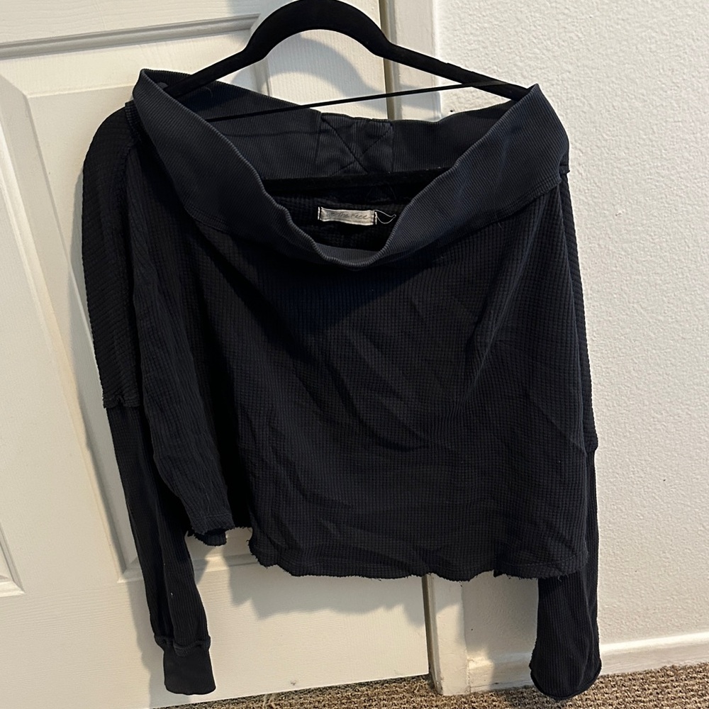 FREE PEOPLE Cozy Black Off-Shoulder Waffle Knit Top